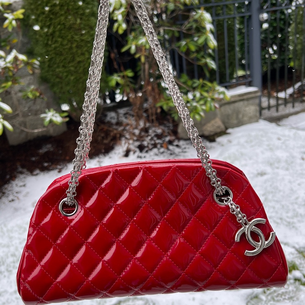 Authentic Chanel Mademoiselle small red patent leather chain shoulder bag